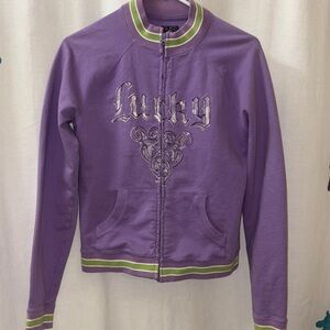Lucky Brand Vintage Lavender Zip-Up Varsity Jacket with Green Trim